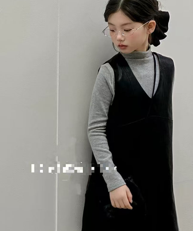 Girls Soft Leather Dress Set with Grey Top & Bag