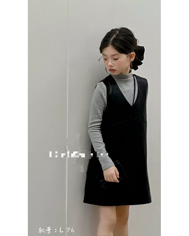 Girls Soft Leather Dress Set with Grey Top & Bag