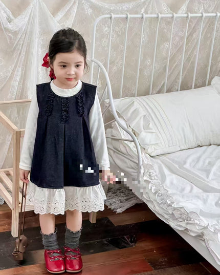 Girls Navy Blue Denim Dress with Long Sleeve Cream Top