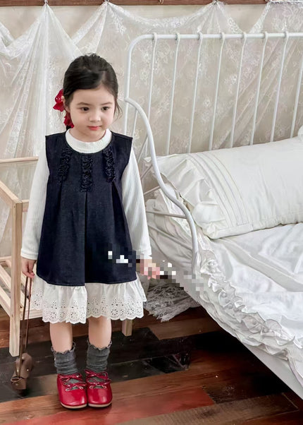 Girls Navy Blue Denim Dress with Long Sleeve Cream Top
