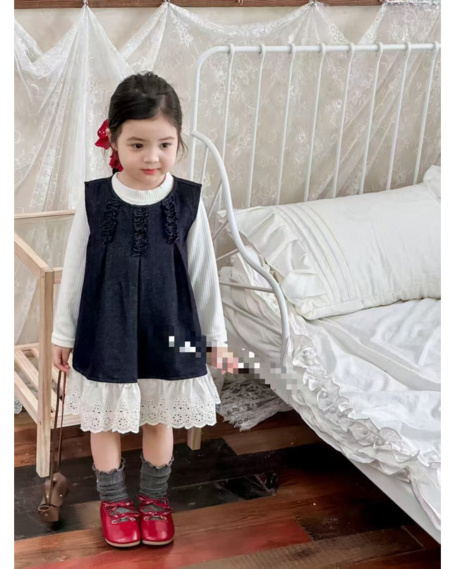 Girls Navy Blue Denim Dress with Long Sleeve Cream Top