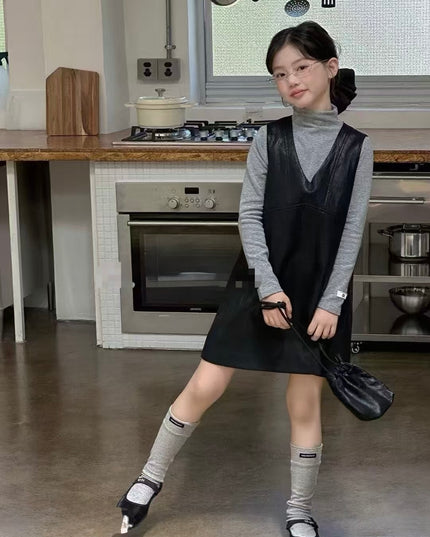 Girls Soft Leather Dress Set with Grey Top & Bag
