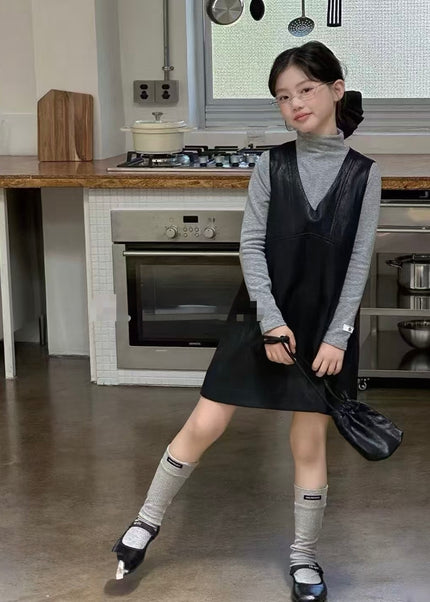 Girls Soft Leather Dress Set with Grey Top & Bag