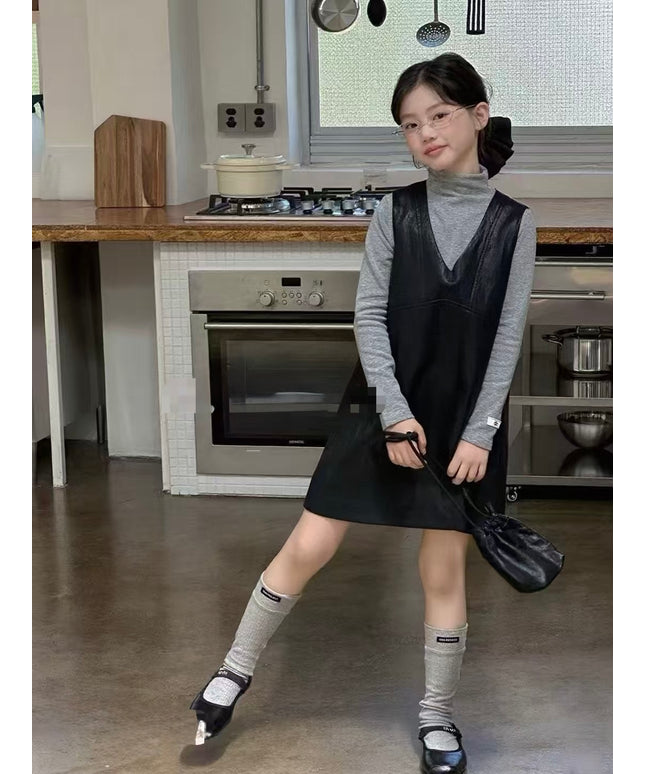 Girls Soft Leather Dress Set with Grey Top & Bag