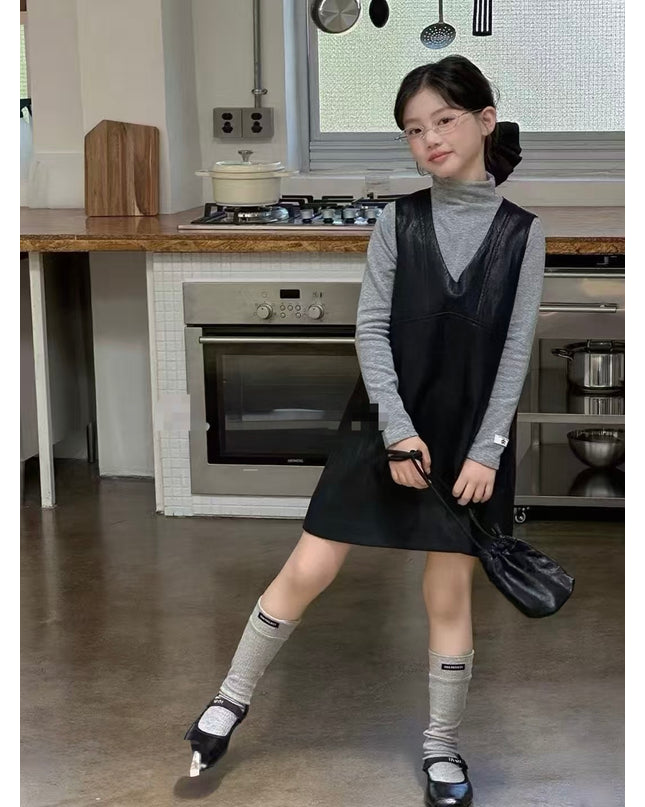 Girls Soft Leather Dress Set with Grey Top & Bag