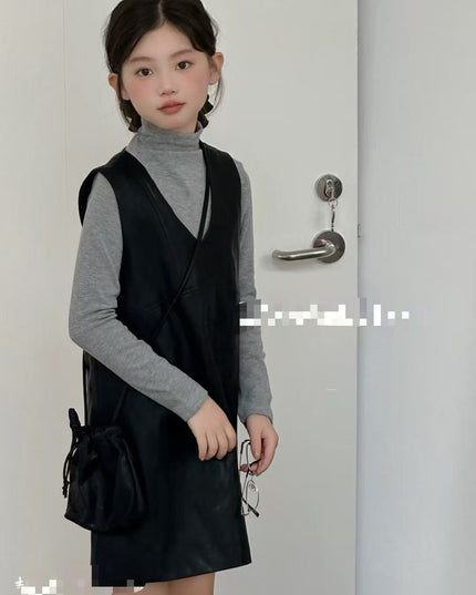 Girls Soft Leather Dress Set with Grey Top & Bag