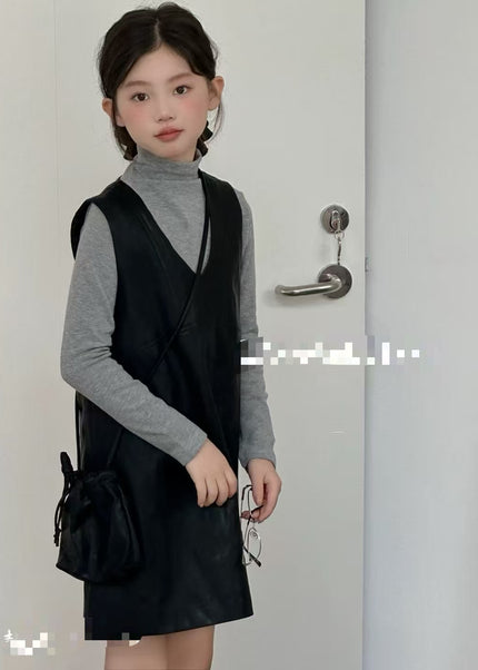 Girls Soft Leather Dress Set with Grey Top & Bag