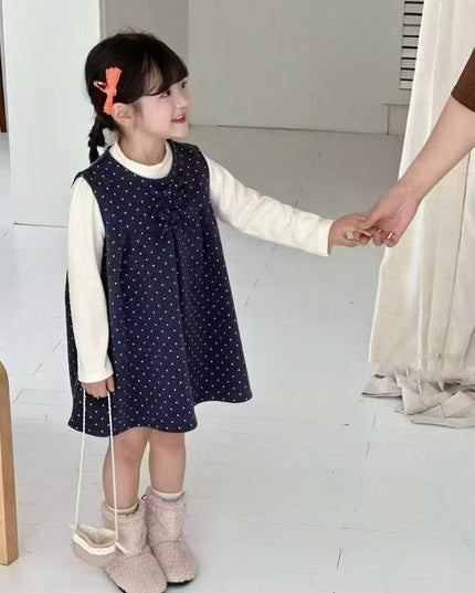 Girls Soft Velvet Polka Dot Two-Piece Dress Set with a top