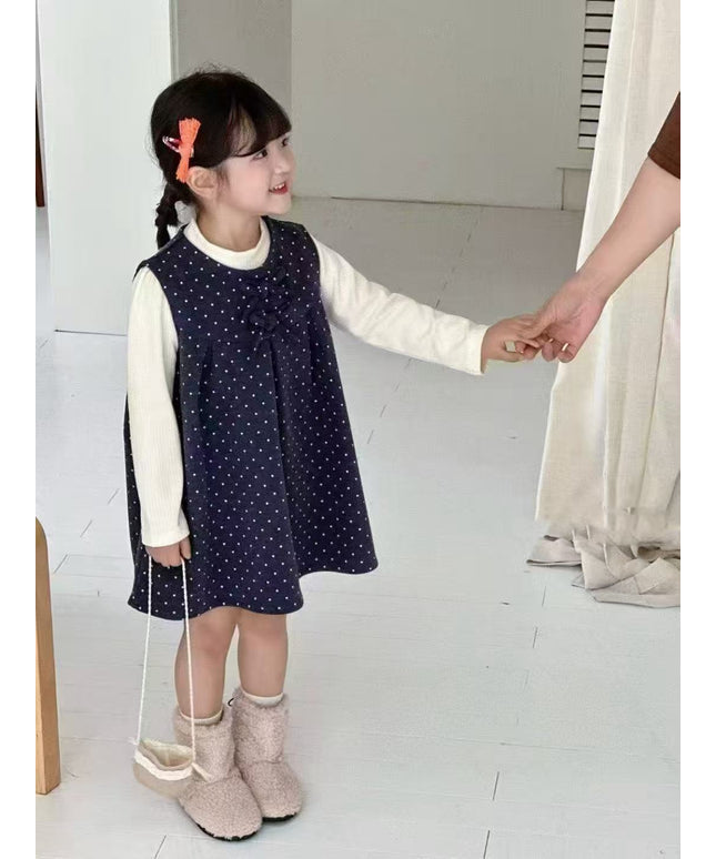 Girls Soft Velvet Polka Dot Two-Piece Dress Set with a top