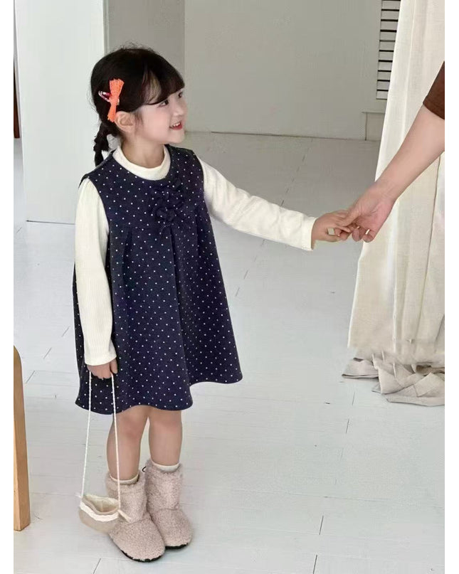 Girls Soft Velvet Polka Dot Two-Piece Dress Set with a top