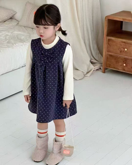 Girls Soft Velvet Polka Dot Two-Piece Dress Set with a top