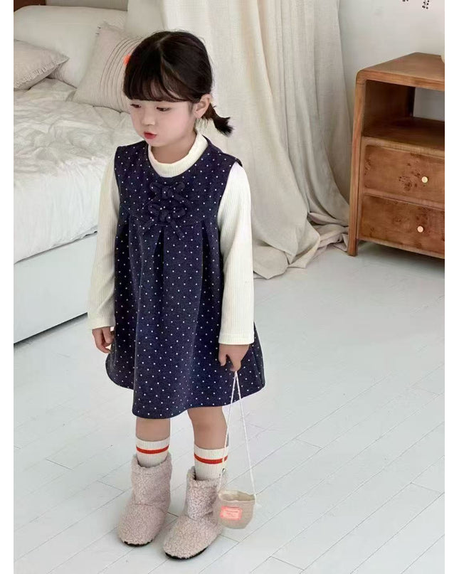 Girls Soft Velvet Polka Dot Two-Piece Dress Set with a top