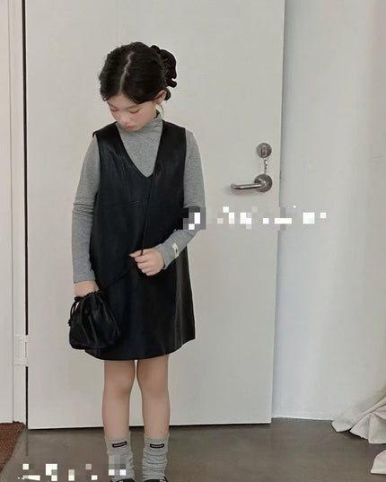 Girls Soft Leather Dress Set with Grey Top & Bag