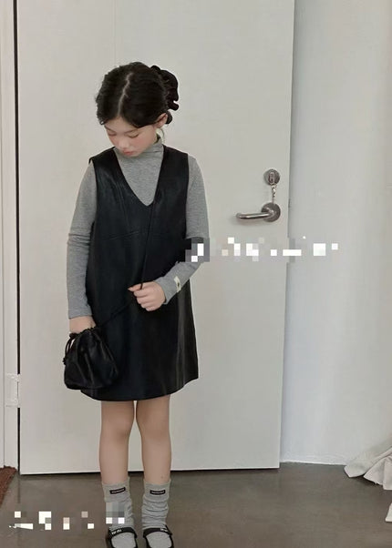 Girls Soft Leather Dress Set with Grey Top & Bag