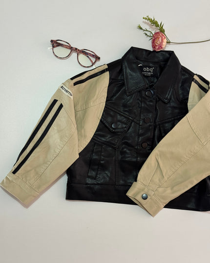 Kids Two-Tone Leather Jacket with Stripes - Black & Beige