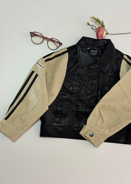 Kids Two-Tone Leather Jacket with Stripes - Black & Beige