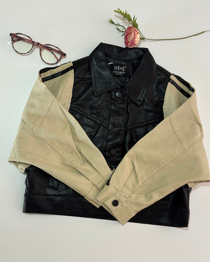 Kids Two-Tone Leather Jacket with Stripes - Black & Beige