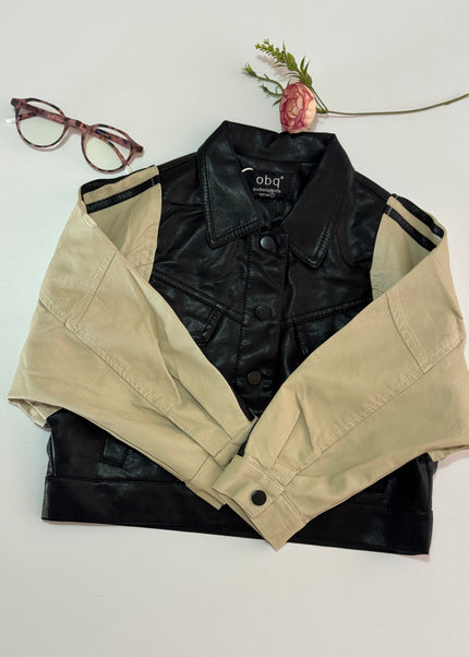Kids Two-Tone Leather Jacket with Stripes - Black & Beige
