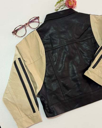 Kids Two-Tone Leather Jacket with Stripes - Black & Beige
