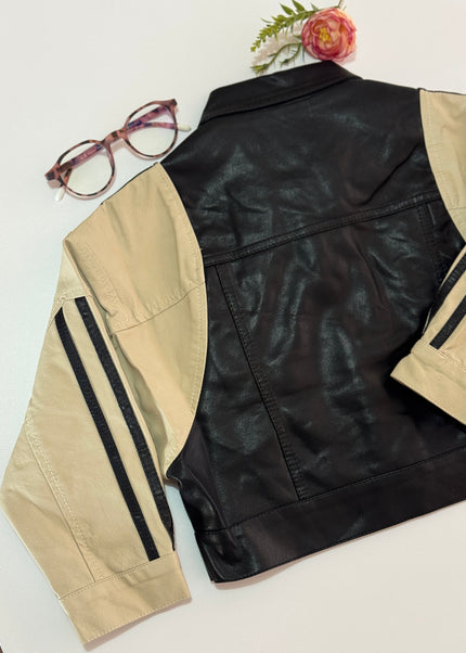 Kids Two-Tone Leather Jacket with Stripes - Black & Beige
