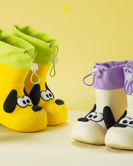 Kids Waterproof Rainboots with Puppy Dog Design - Drawstring Closure
