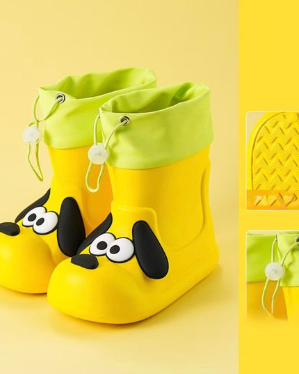 Kids Waterproof Rainboots with Puppy Dog Design - Drawstring Closure