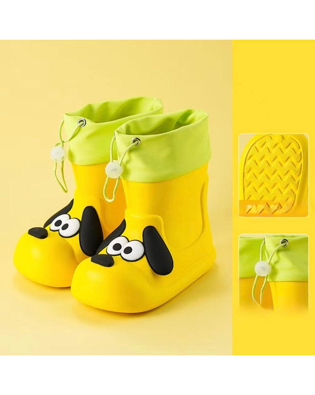 Kids Waterproof Rainboots with Puppy Dog Design - Drawstring Closure