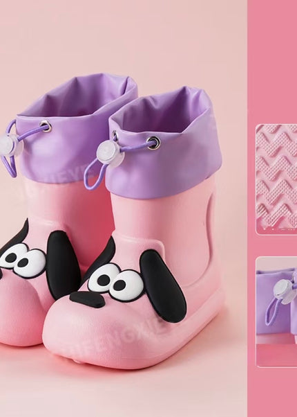 Kids Waterproof Rainboots with Puppy Dog Design - Drawstring Closure
