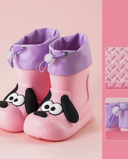 Kids Waterproof Rainboots with Puppy Dog Design - Drawstring Closure