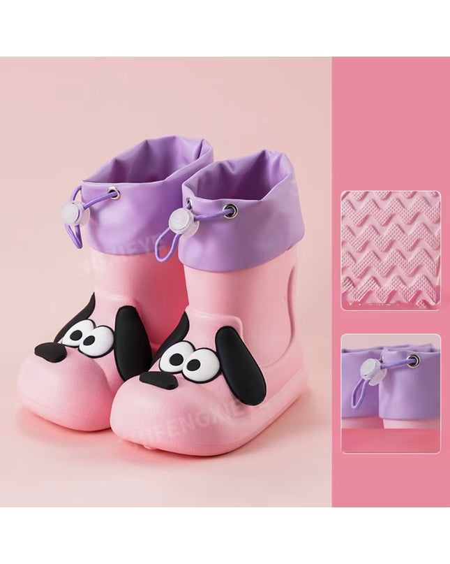 Kids Waterproof Rainboots with Puppy Dog Design - Drawstring Closure