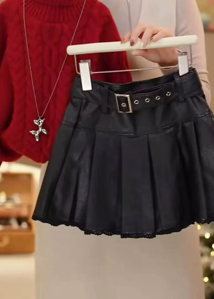 Girls Genuine Leather Pleated Skirt with Belt