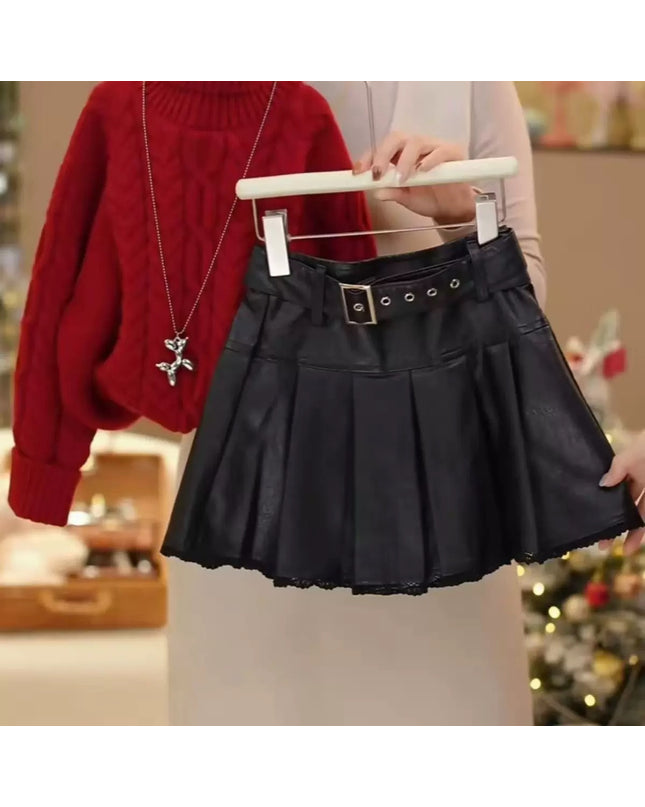 Girls Genuine Leather Pleated Skirt with Belt