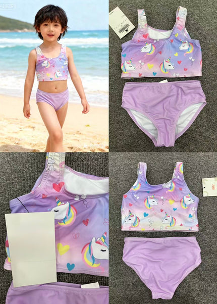 Girls Purple Unicorn Bikini Set - Two-Piece Rainbow Swimsuit