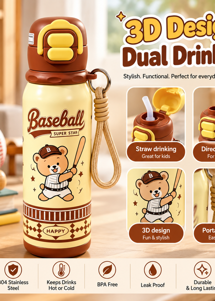 Kids 316L Stainless Steel Dual-Drinking Insulated Water Bottle
