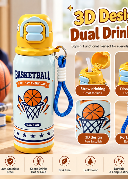 Kids 316L Stainless Steel Dual-Drinking Insulated Water Bottle