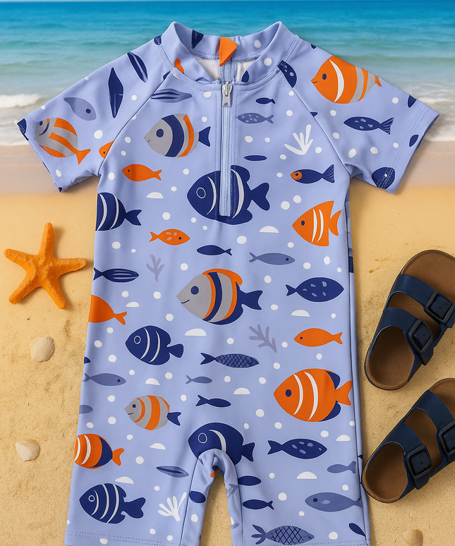 Boys Fish Print Short Sleeve Swimsuit