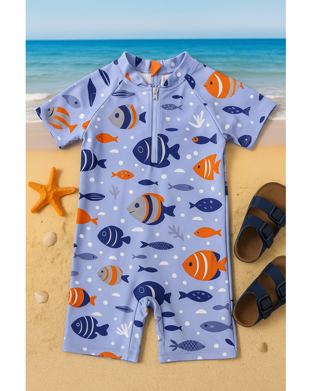Boys Fish Print Short Sleeve Swimsuit
