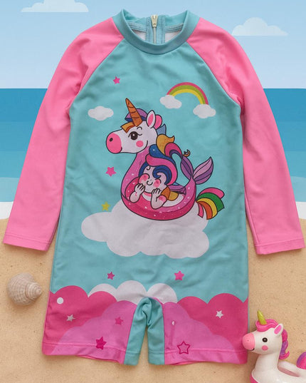 Girls Unicorn Swimming Costume - Pink & Turquoise Rashguard Swimsuit