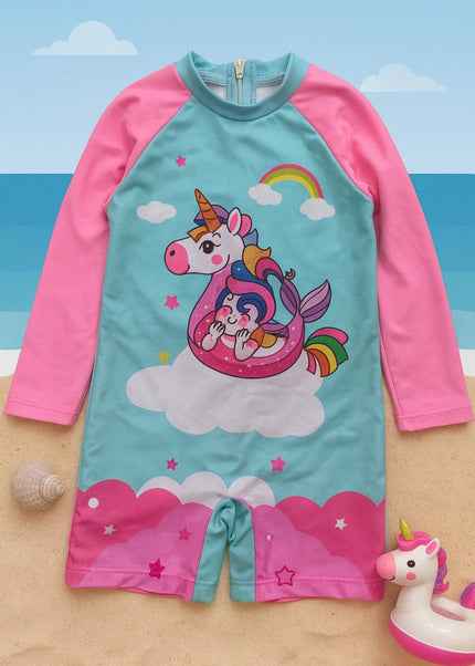 Girls Unicorn Swimming Costume - Pink & Turquoise Rashguard Swimsuit