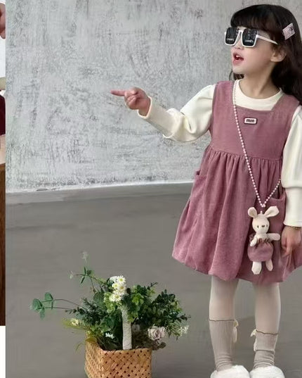 Girls 3-Piece Velvet Dress Set with Long Sleeve Top & Toy Bag