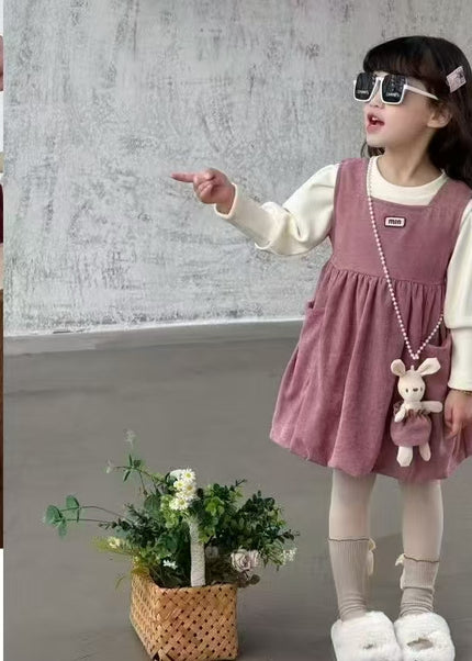 Girls 3-Piece Velvet Dress Set with Long Sleeve Top & Toy Bag