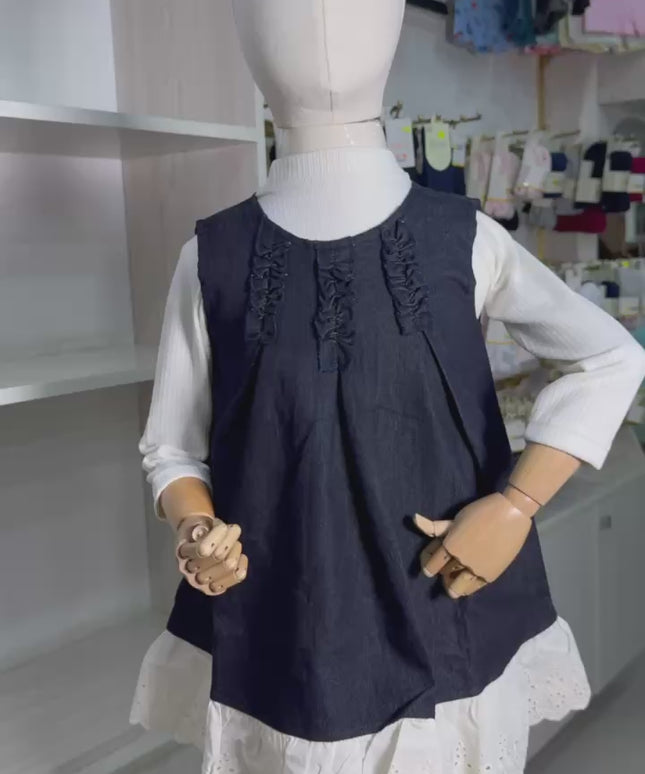 Girls Navy Blue Denim Dress with Long Sleeve Cream Top