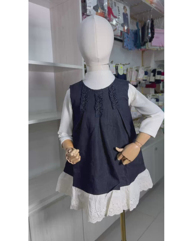 Girls Navy Blue Denim Dress with Long Sleeve Cream Top