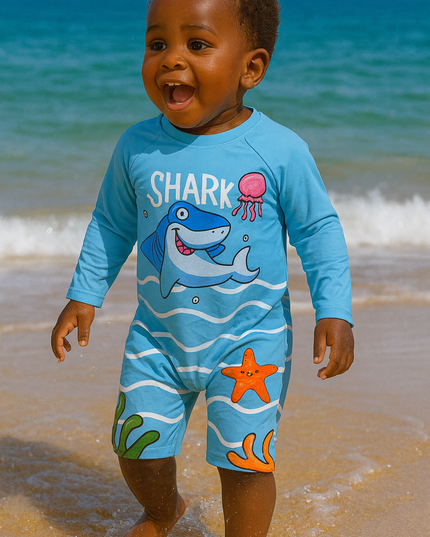 Boys Blue “Shark Splash” Long-Sleeve Swimsuit for Boys