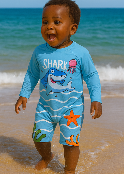 Boys Blue “Shark Splash” Long-Sleeve Swimsuit for Boys
