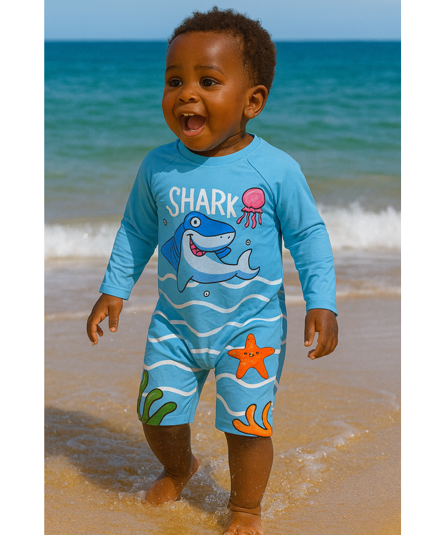 Boys Blue “Shark Splash” Long-Sleeve Swimsuit for Boys