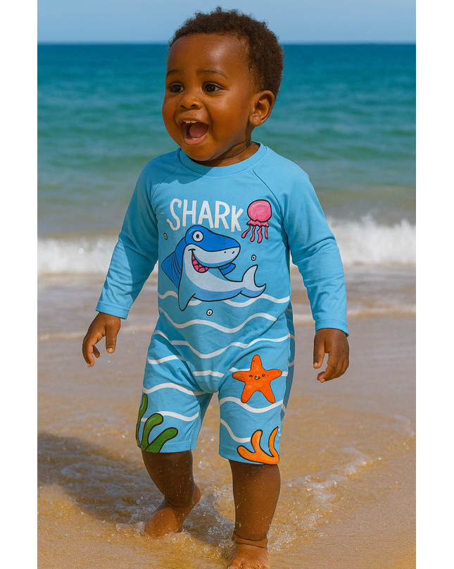 Boys Blue “Shark Splash” Long-Sleeve Swimsuit for Boys