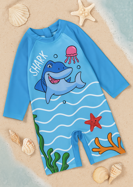 Boys Blue “Shark Splash” Long-Sleeve Swimsuit for Boys