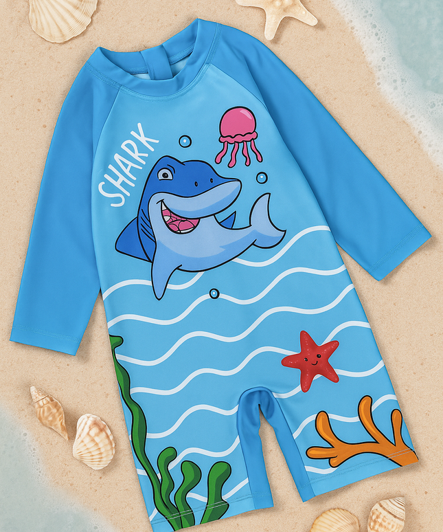 Boys Blue “Shark Splash” Long-Sleeve Swimsuit for Boys