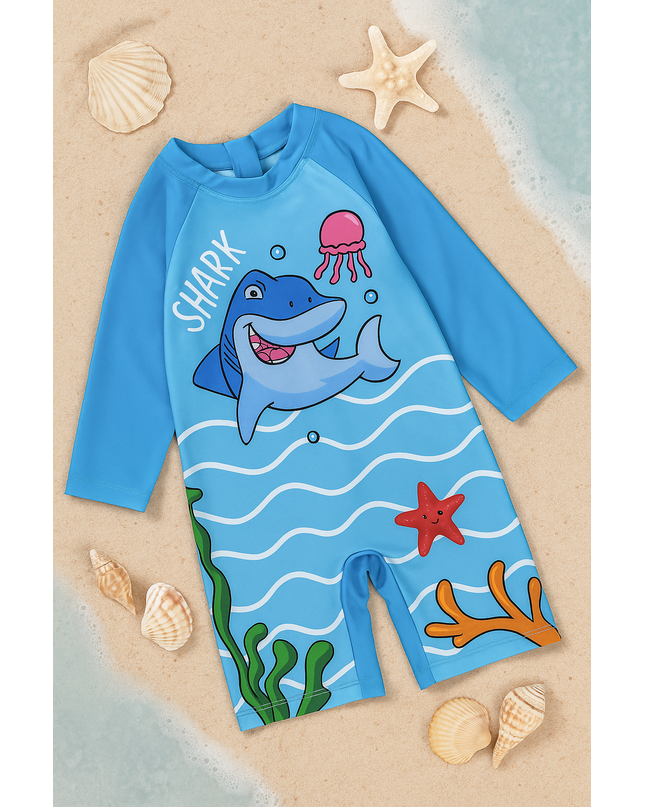 Boys Blue “Shark Splash” Long-Sleeve Swimsuit for Boys
